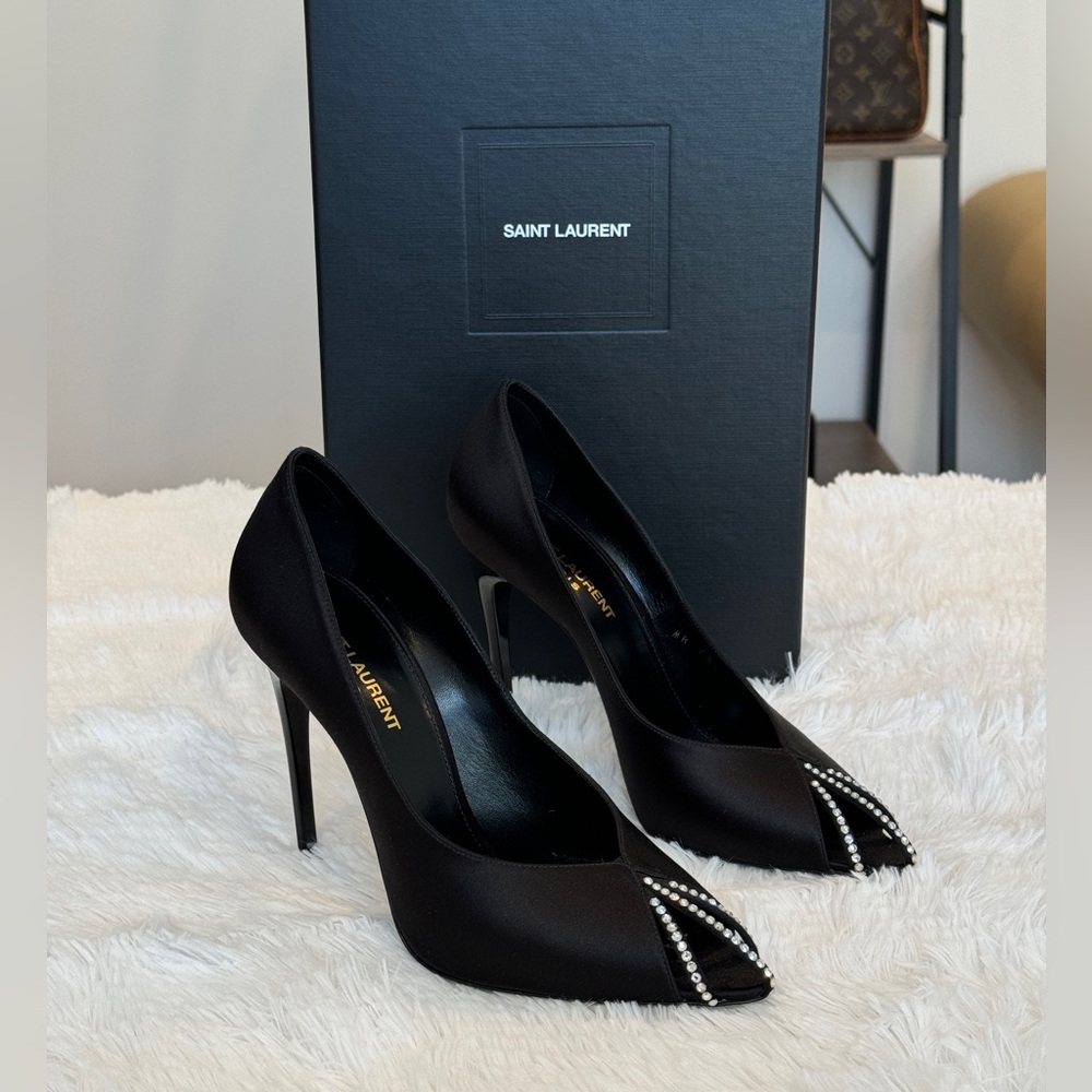 Saint Laurent Black Satin Pointed Toe Pumps with Crystal Trim